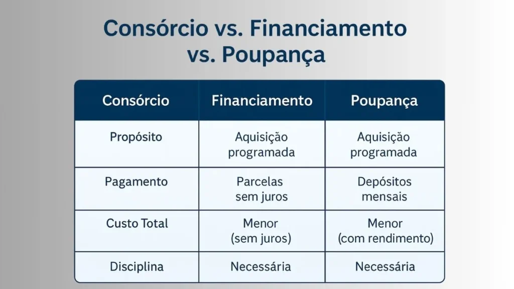 Infográfico com as quatro etapas de um consórcio: escolha, grupo, parcelas e contemplação.
