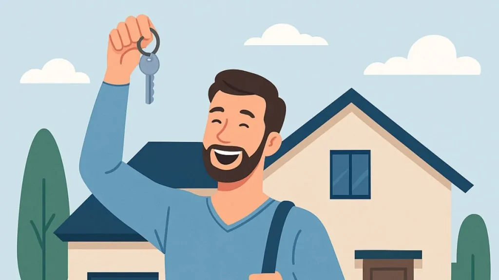 Homem sorridente com chave na mão em frente à nova casa, simbolizando conquista com consórcio.
