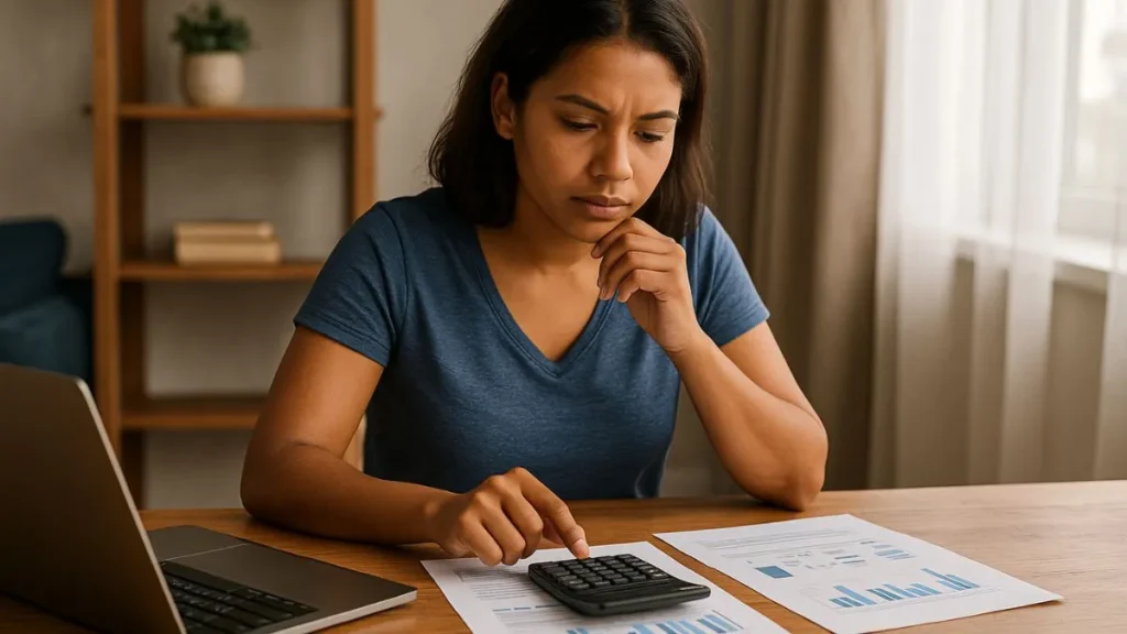 Mulher concentrada analisando gráficos financeiros em casa para iniciar um consórcio